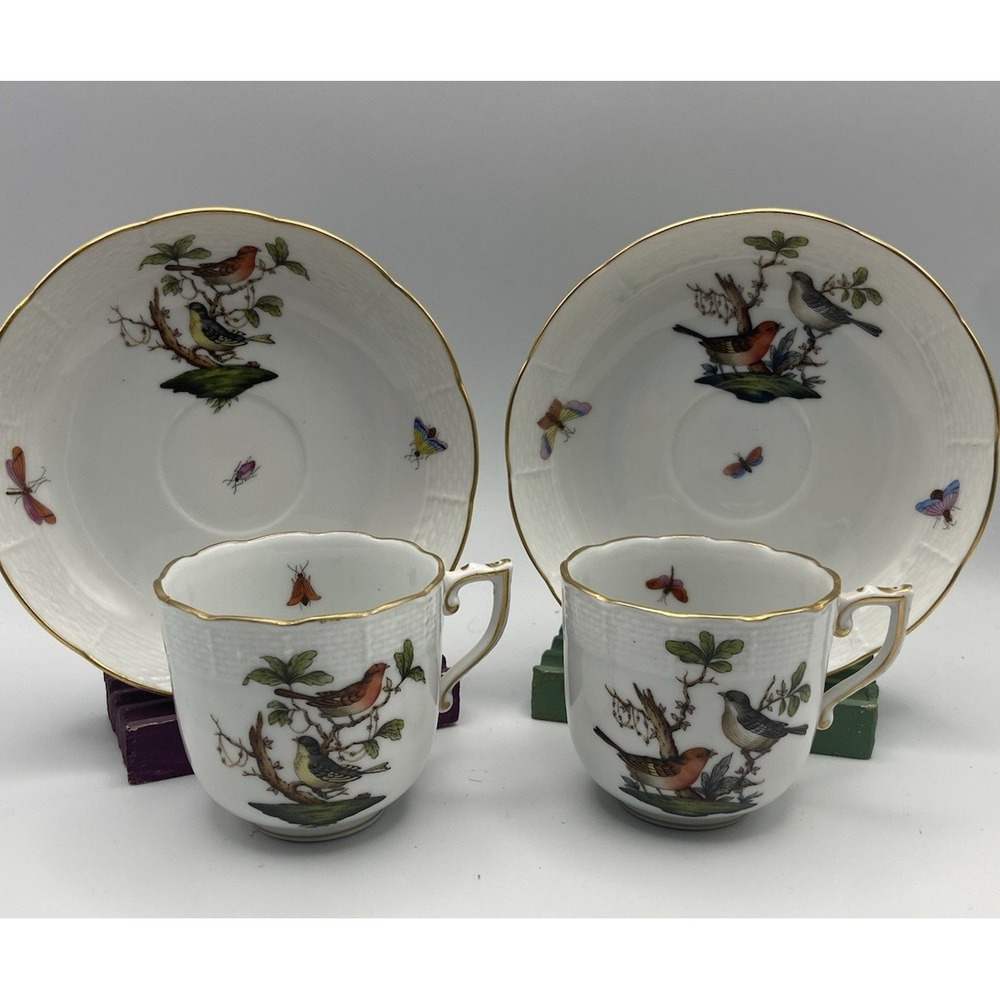 Herend Rothschild Bird Chocolate Matched Cup & Saucer Set of Two Coffee Tea 707